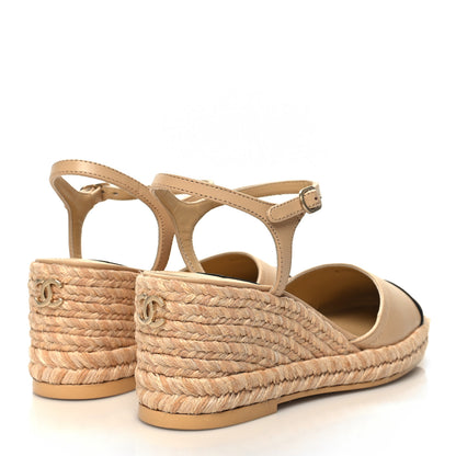 Chanel Lambskin Grosgrain CC Espadrilles Wedges 36 Beige Black 4 of 9