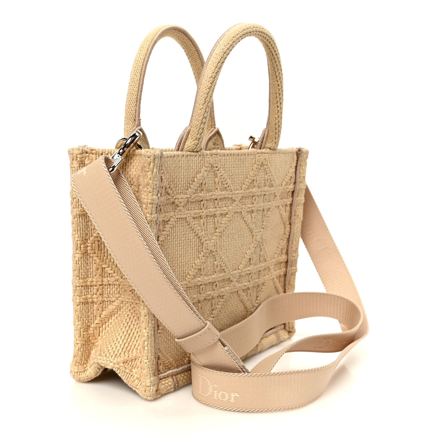 Christian Dior Raffia Cannage Crocheted Bee Mini Book Tote with Strap Natural 3 of 11