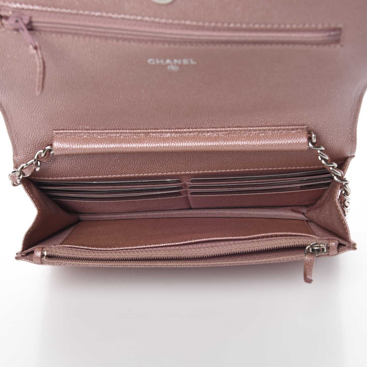 Metallic Caviar Chevron Quilted Vintage Mademoiselle Wallet On Chain WOC Pink