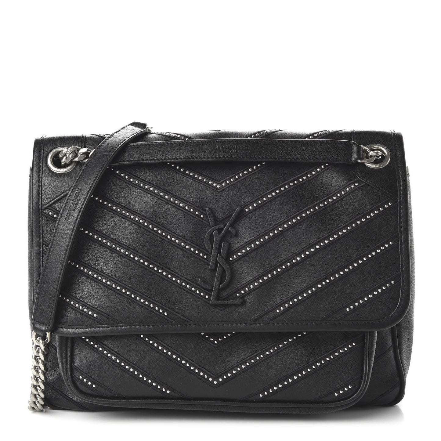 Calfskin Matelasse Monogram Microstud Medium Niki Chain Satchel Black