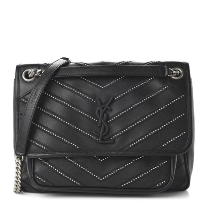 Saint Laurent Calfskin Matelasse Monogram Microstud Medium Niki Chain Satchel Black 1 of 10
