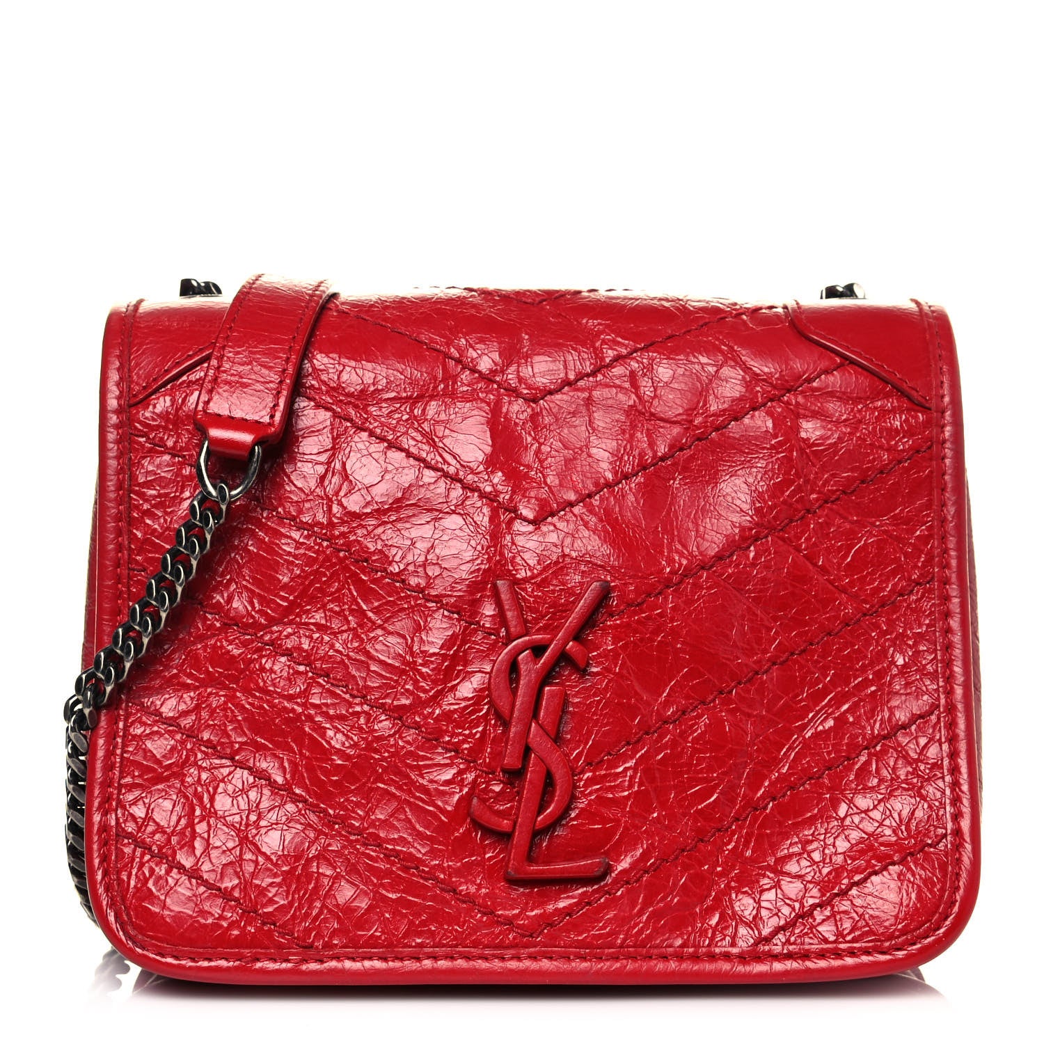 Saint Laurent Crinkled Calfskin Matelasse Monogram Niki Chain Wallet Red 1 of 14