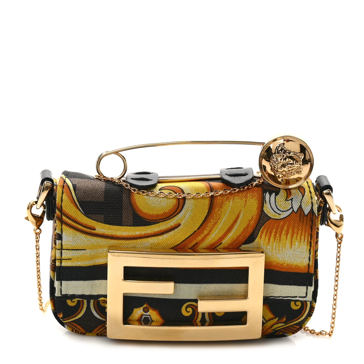 X VERSACE Silk Fendace FF Baroque Nano Brooch Baguette Charm Black Gold