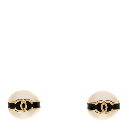 Chanel Pearl Metal CC Stud Earrings Gold Black White 1 of 5