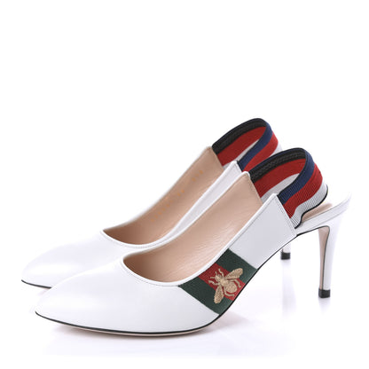 Gucci Malaga Kid Web Sylvie Mid Heel Slingback Pumps 36 White 3 of 10