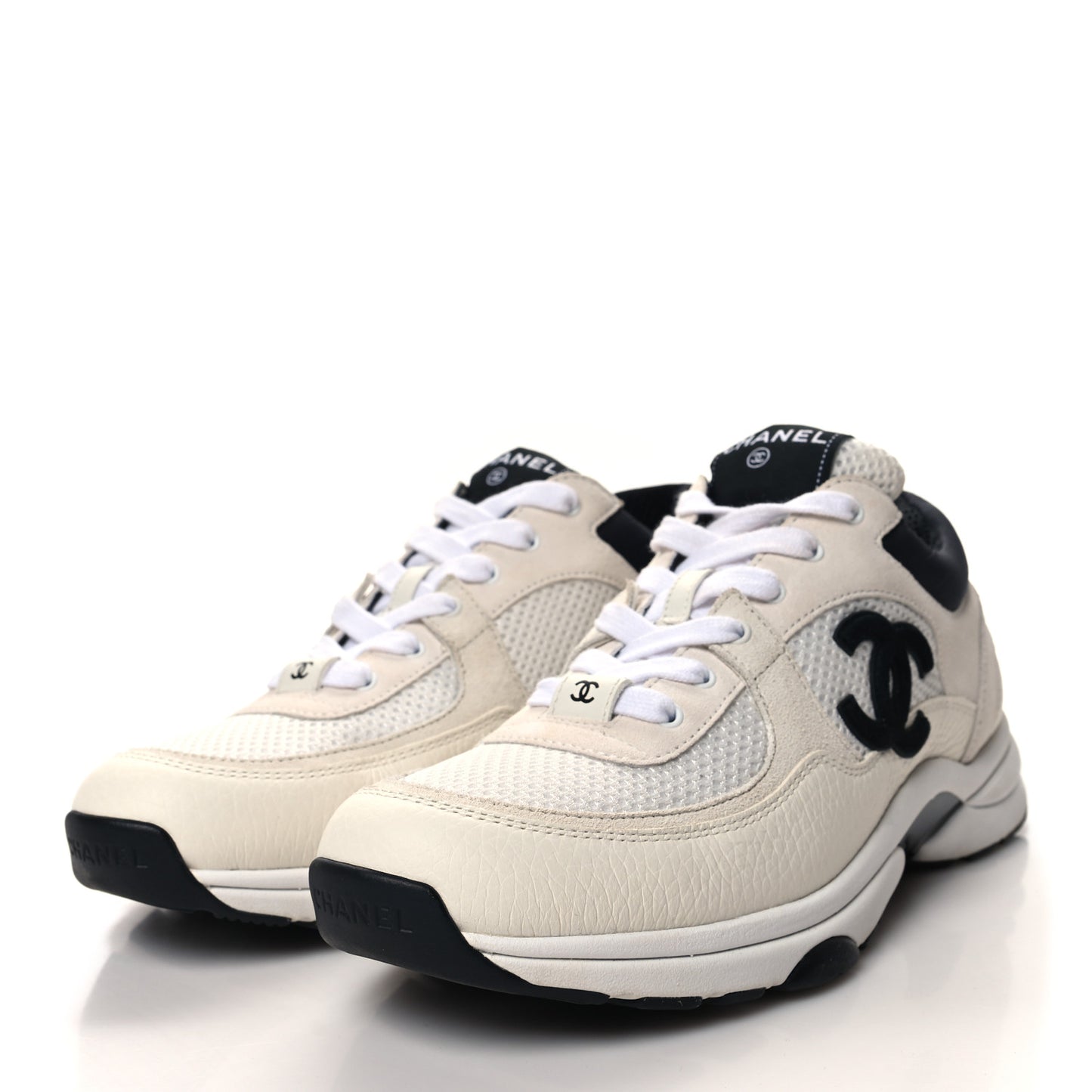 Mesh Suede Calfskin Grained Calfskin Womens CC Sneakers 40 White Black