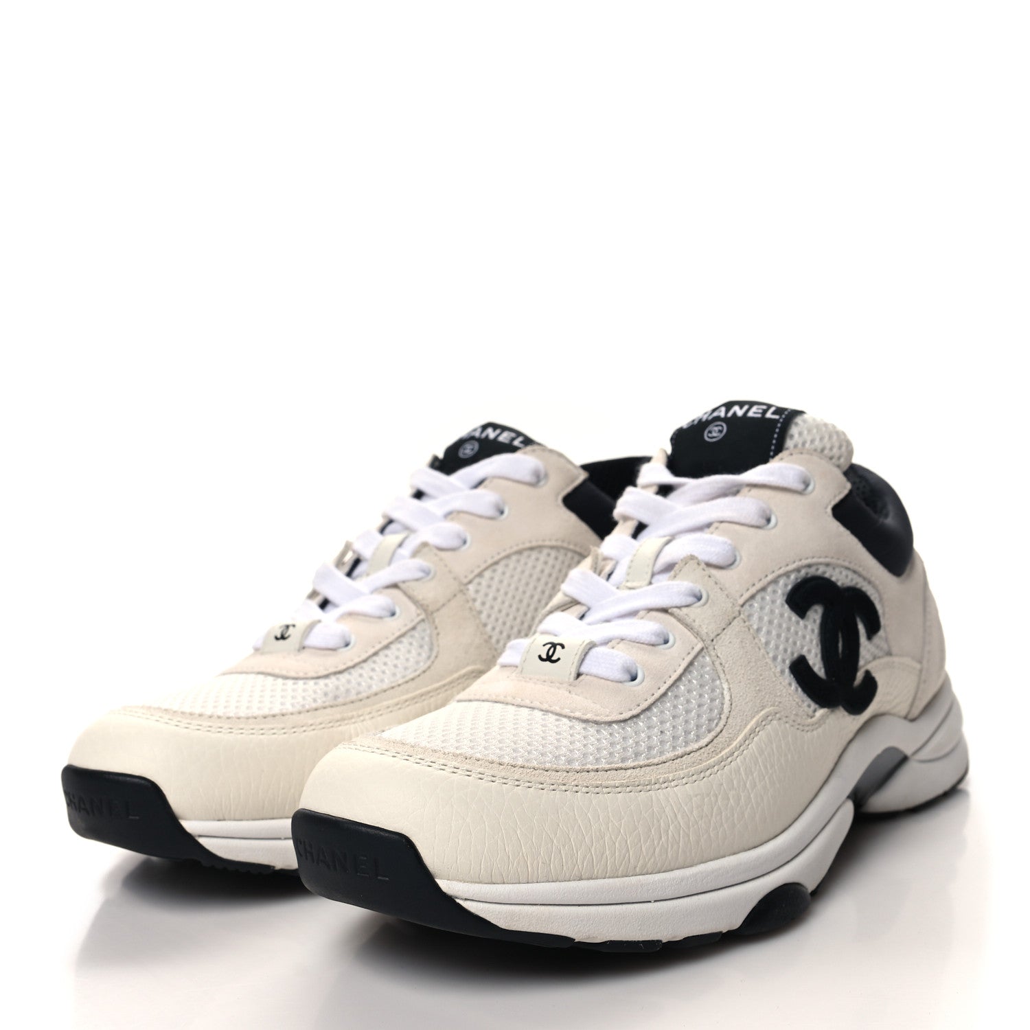 Chanel Mesh Suede Calfskin Grained Calfskin Womens CC Sneakers 40 White Black 3 of 9