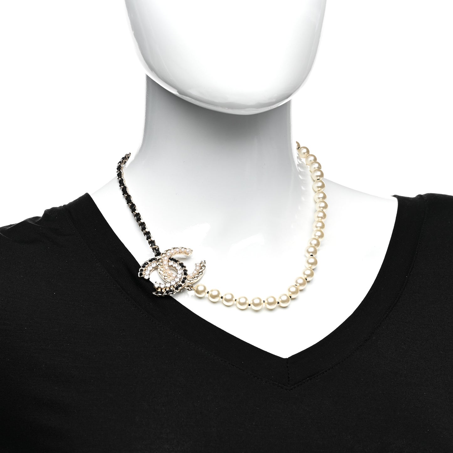 Pearl Crystal Lambskin CC Necklace Gold Black