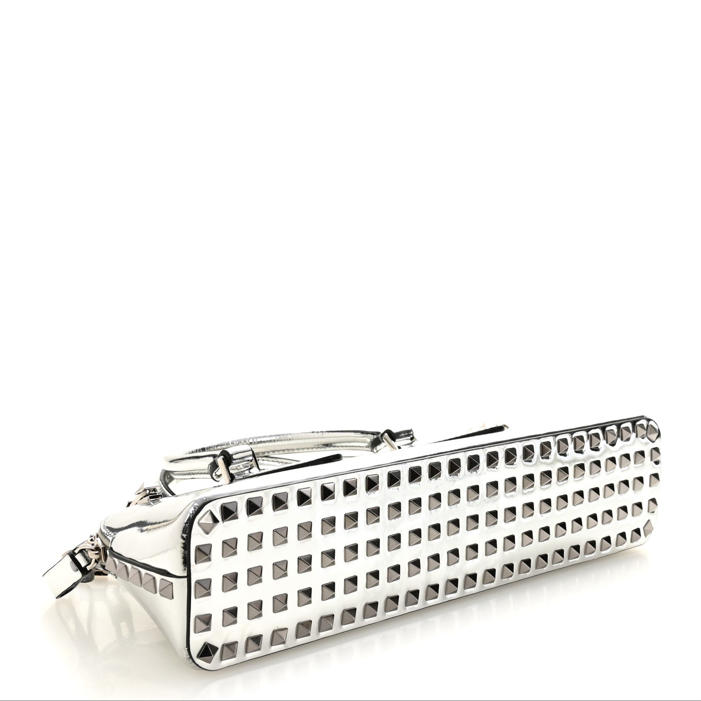 Mirror Calfskin Rockstud East West Top Handle Bag Silver