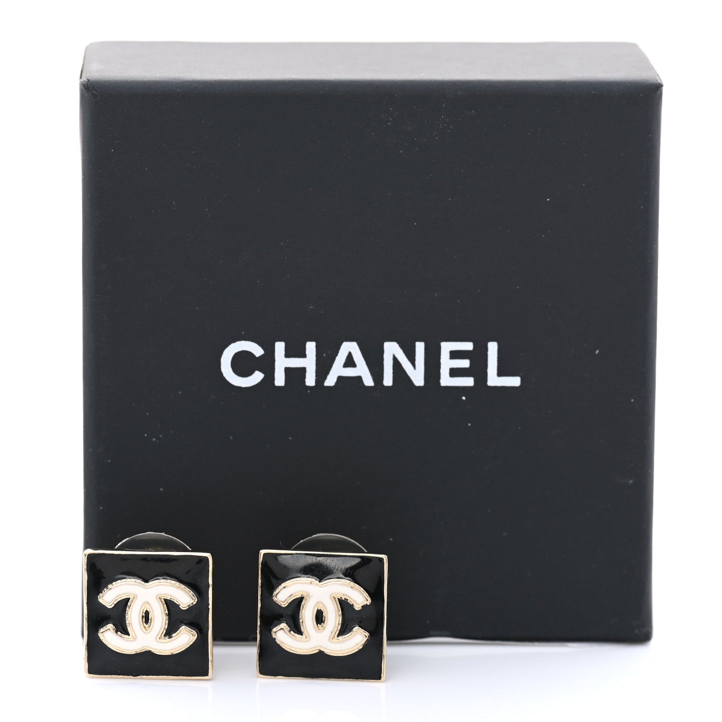 Metal Enamel CC Square Earrings Gold Black White