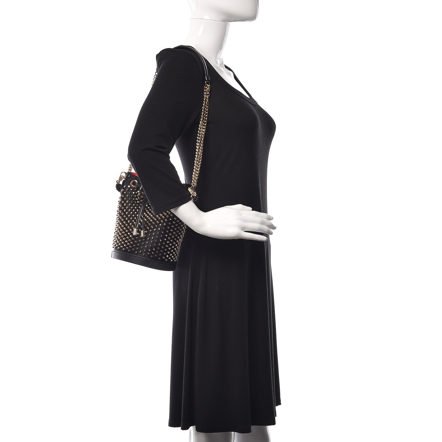 Christian Louboutin Silk Satin Calfskin Marie Jane Loubirun Studded Bucket Black Gold Platine 3 of 11