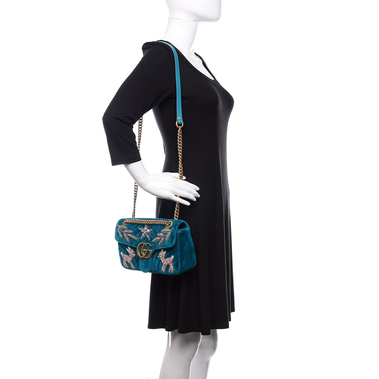 Gucci Velvet Matelasse Embroidered Small GG Marmont Shoulder Bag Pavone Cyan 2 of 12