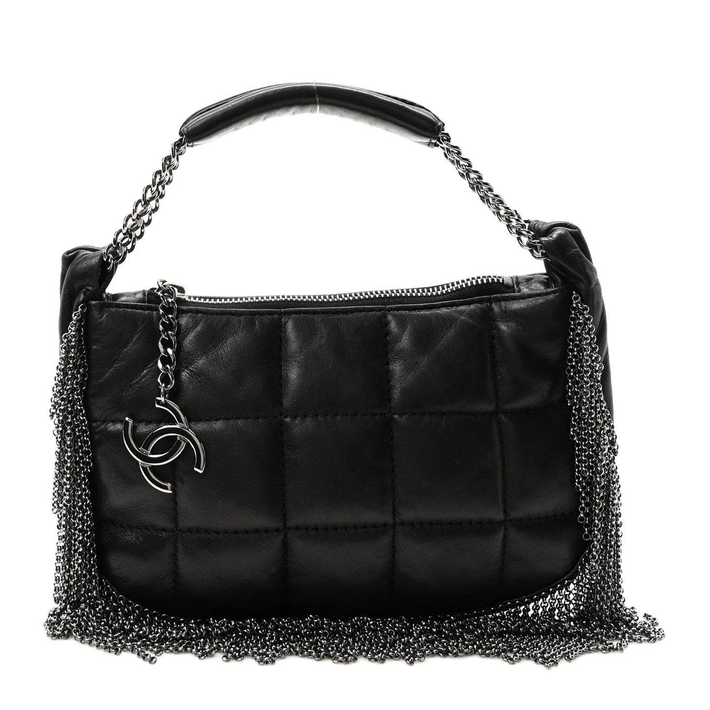 Lambskin Square Quilted Chain Fringe Pochette Black