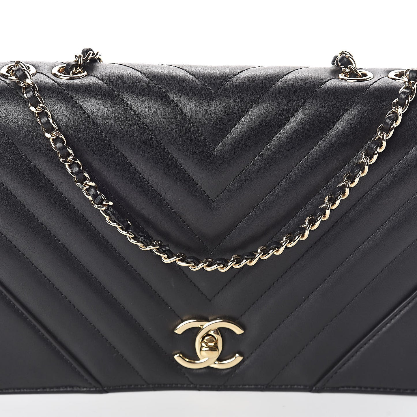 Calfskin Chevron Quilted Statement Flap Black