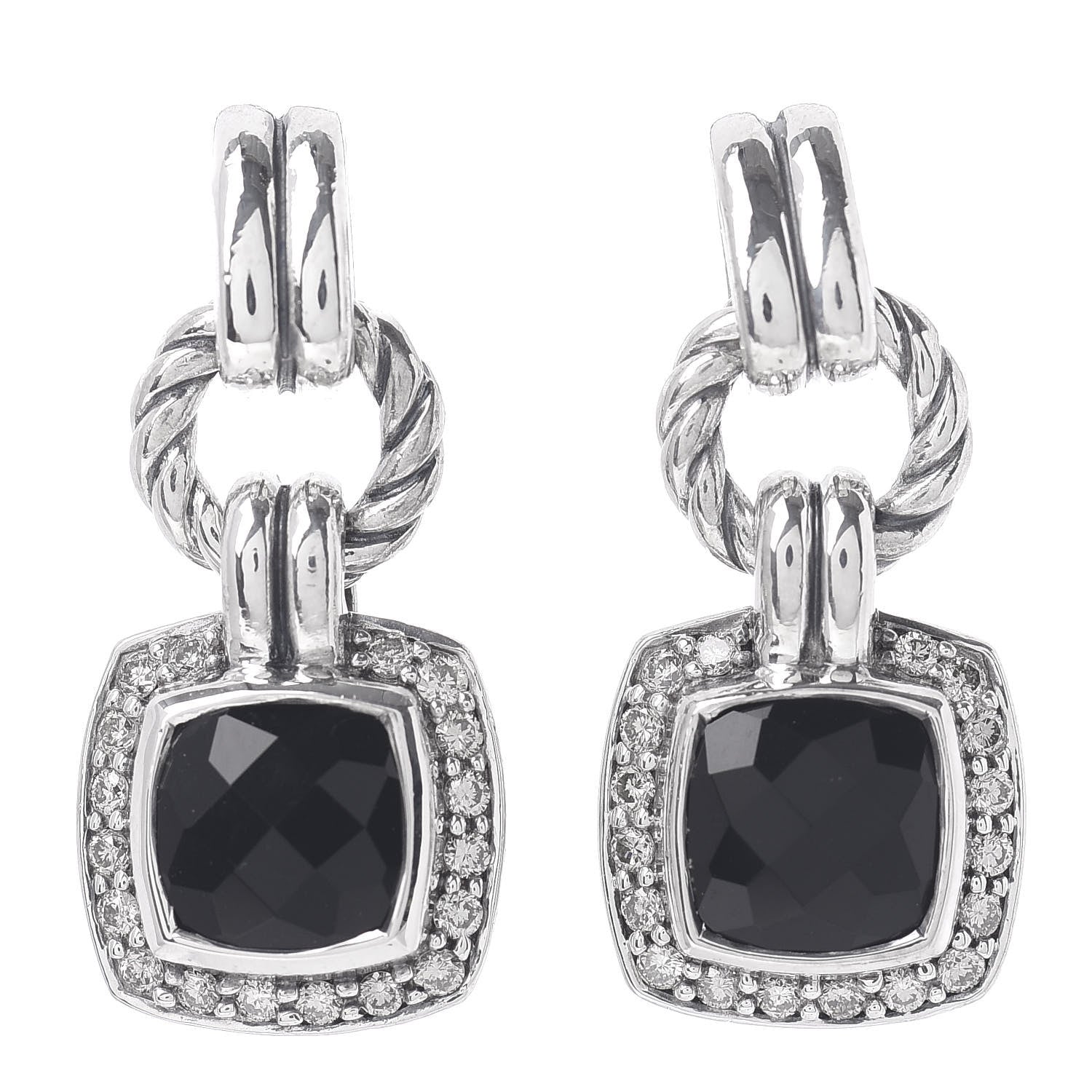 David Yurman Sterling Silver Diamond Black Onyx 7mm Petite Albion Drop Earrings 1 of 4