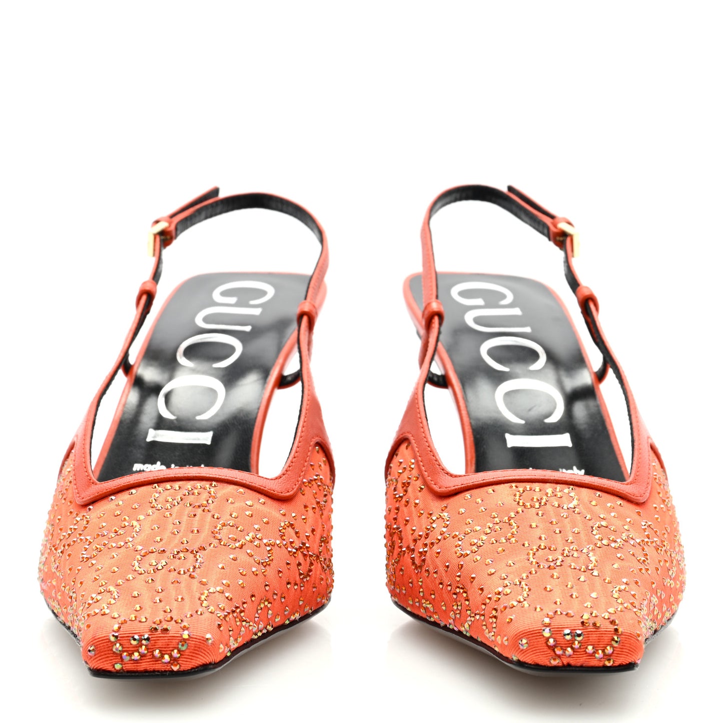 Moire Fabric Malaga Kid Crystal GG Monogram Square G 75mm Slingback Pumps 38 Deep Orange