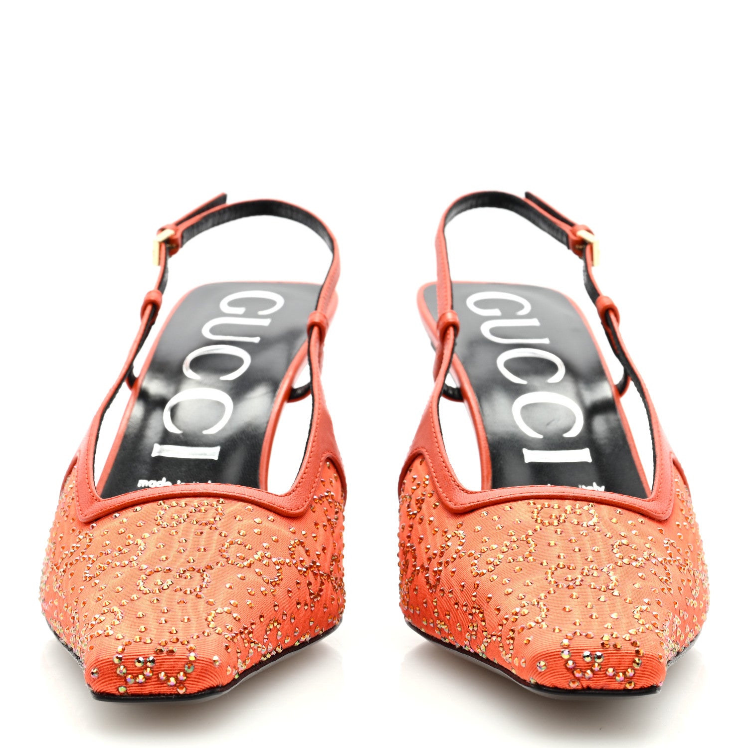 Gucci Moire Fabric Malaga Kid Crystal GG Monogram Square G 75mm Slingback Pumps 38 Deep Orange 3 of 7