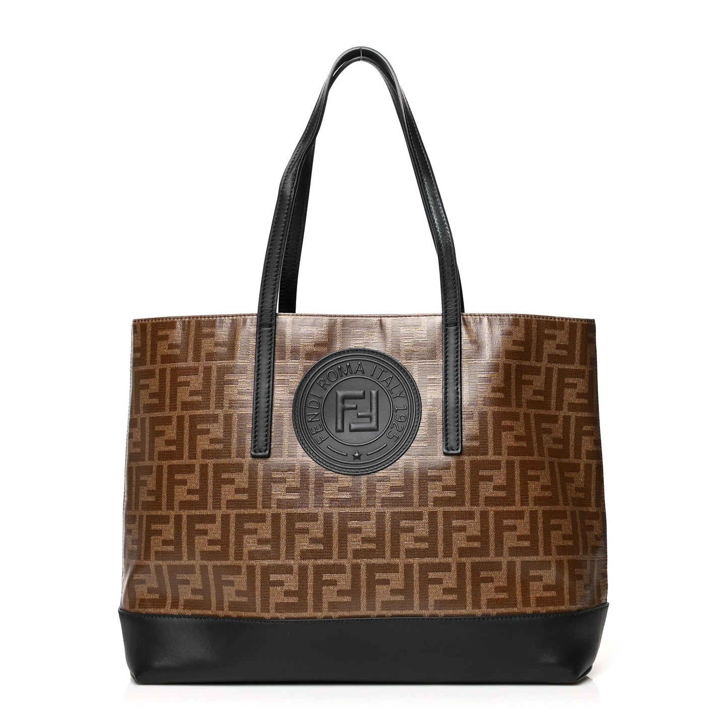 Glazed Fabric Vitello Century FF 1974 Stamp Patch Shopping Tote Mogano Panna Black