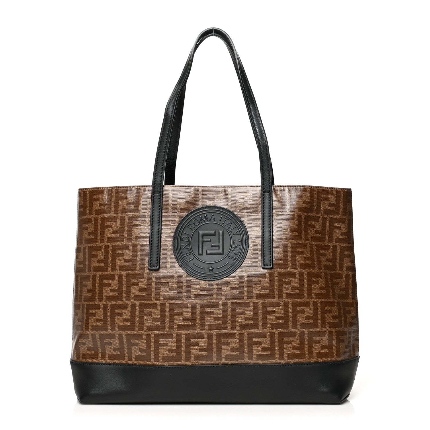 Fendi Glazed Fabric Vitello Century FF 1974 Stamp Patch Shopping Tote Mogano Panna Black 1 of 12