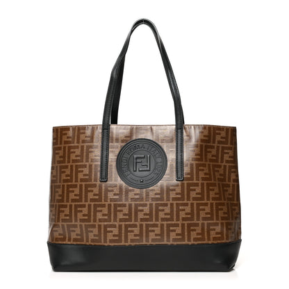 Fendi Glazed Fabric Vitello Century FF 1974 Stamp Patch Shopping Tote Mogano Panna Black 1 of 12