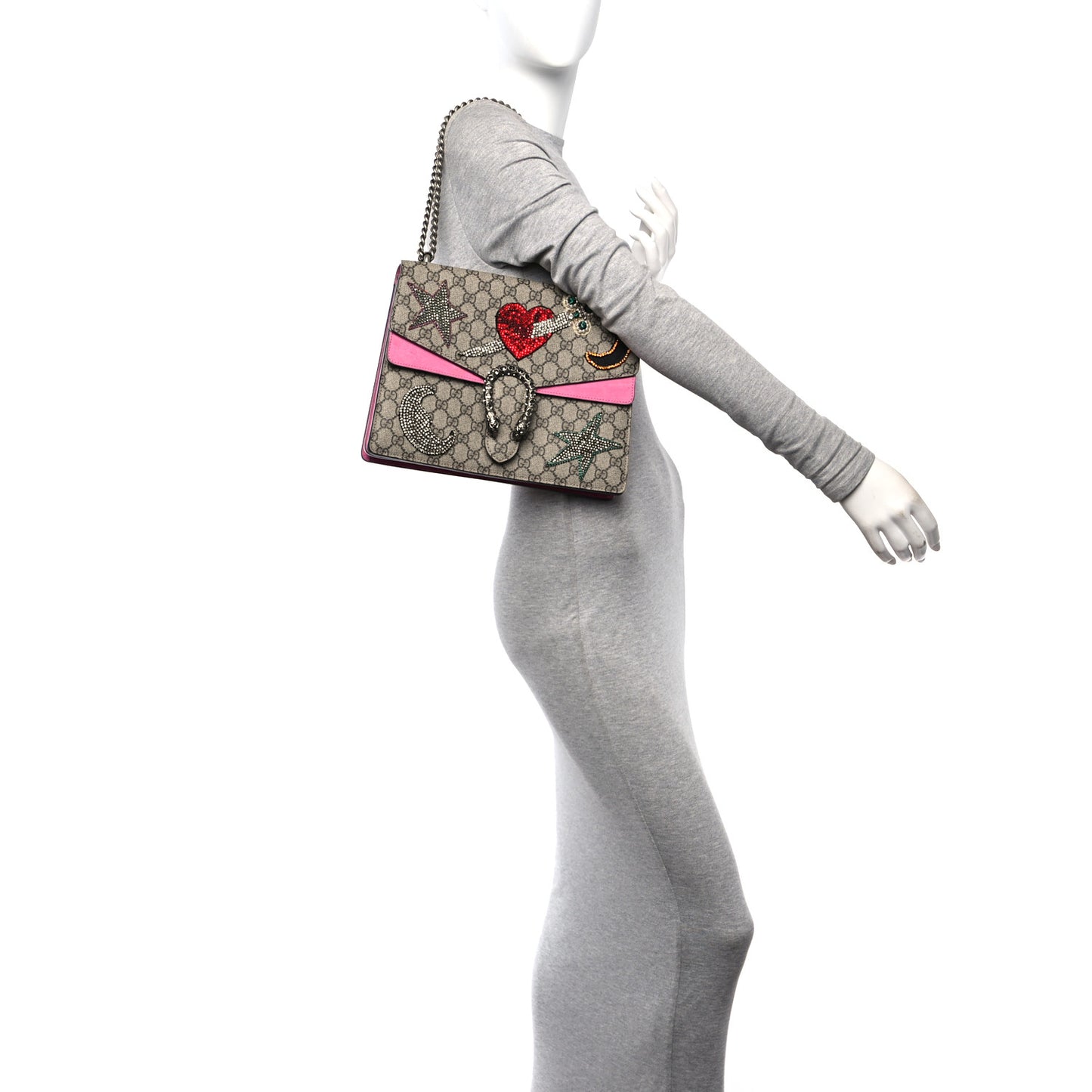 GG Supreme Monogram Suede Pierced Heart Embroidered Medium Dionysus Shoulder Bag Beige Ebony Pink Tropical Flower