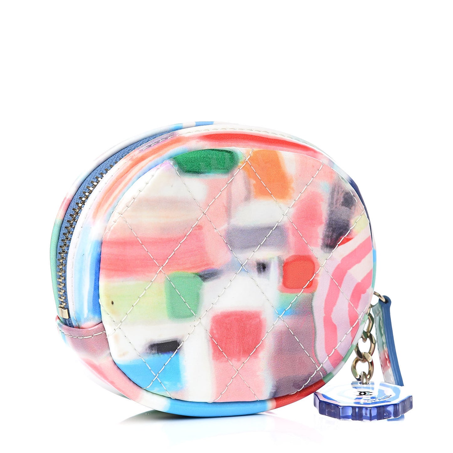 Patent Calfskin Printed Quilted Zip Around Coin Purse Multicolor