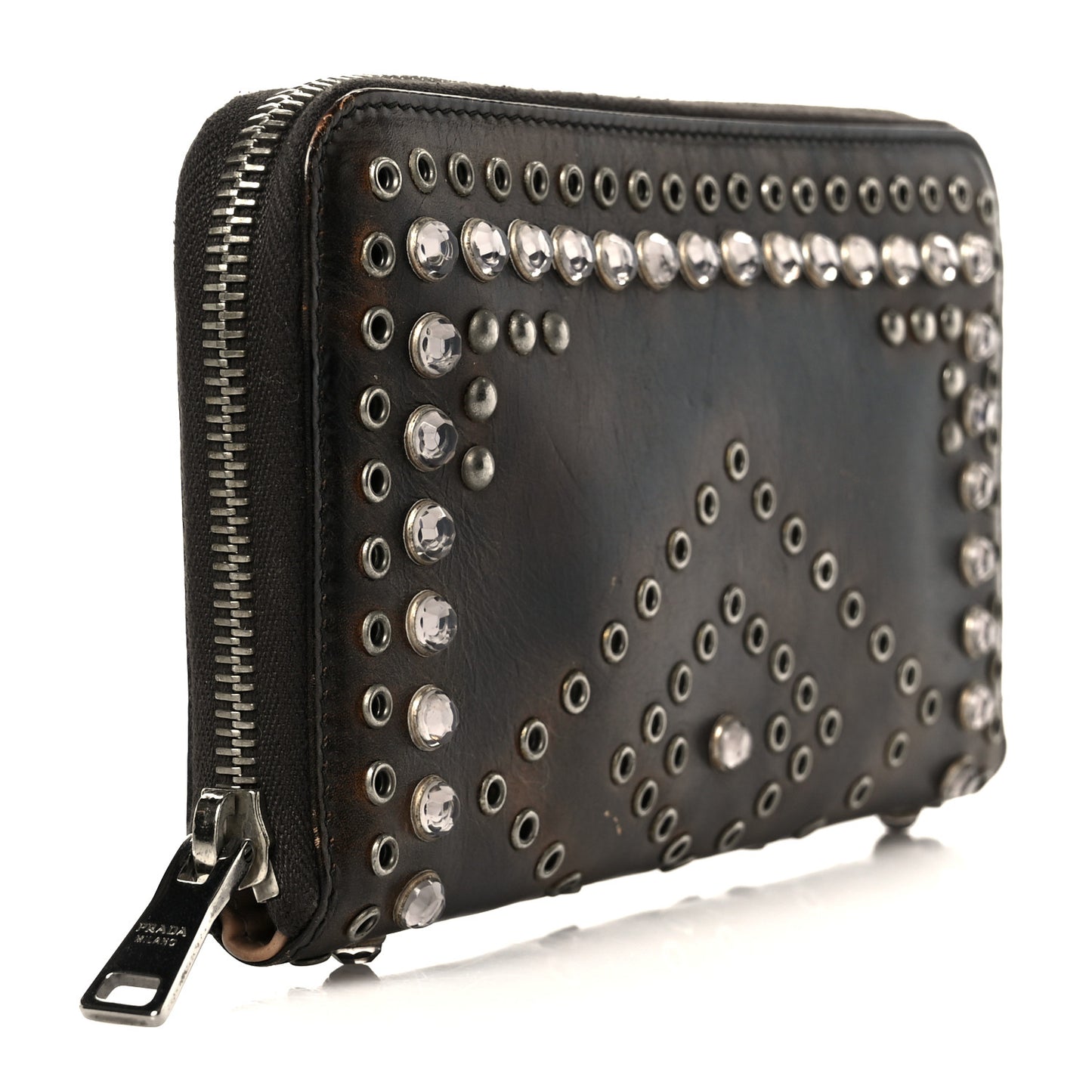 Aged Calfskin Grommet Crystal Studded Zip Around Wallet Ebano