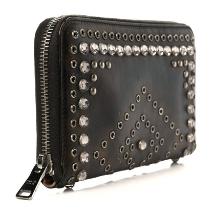 Prada Aged Calfskin Grommet Crystal Studded Zip Around Wallet Ebano 3 of 9