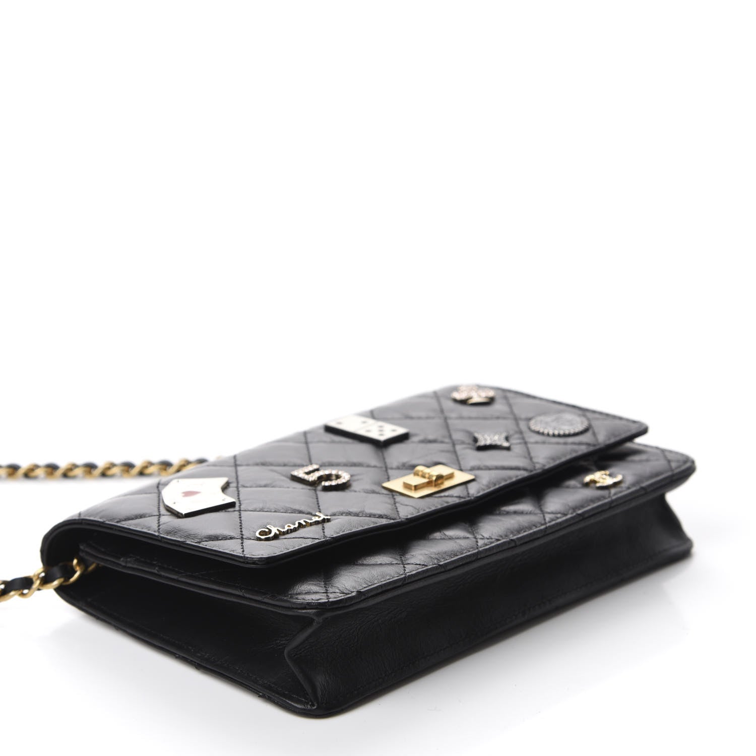 Chanel Aged Calfskin Quilted Lucky Charms Casino 2.55 Reissue Wallet On Chain WOC Black 4 of 12