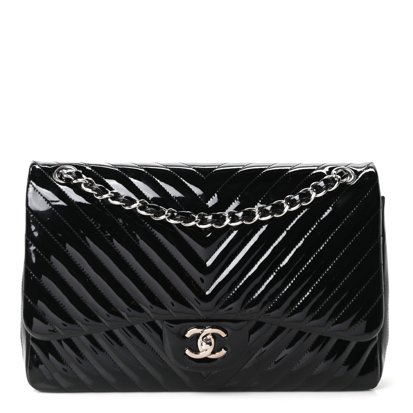 Patent Chevron Quilted Jumbo Double Flap Black