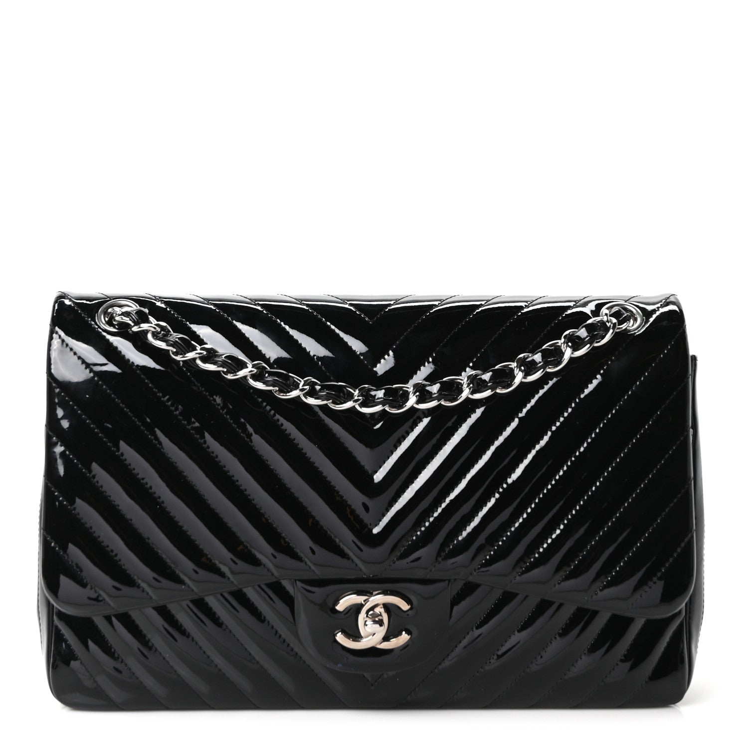 Chanel Patent Chevron Quilted Jumbo Double Flap Black 1 of 10