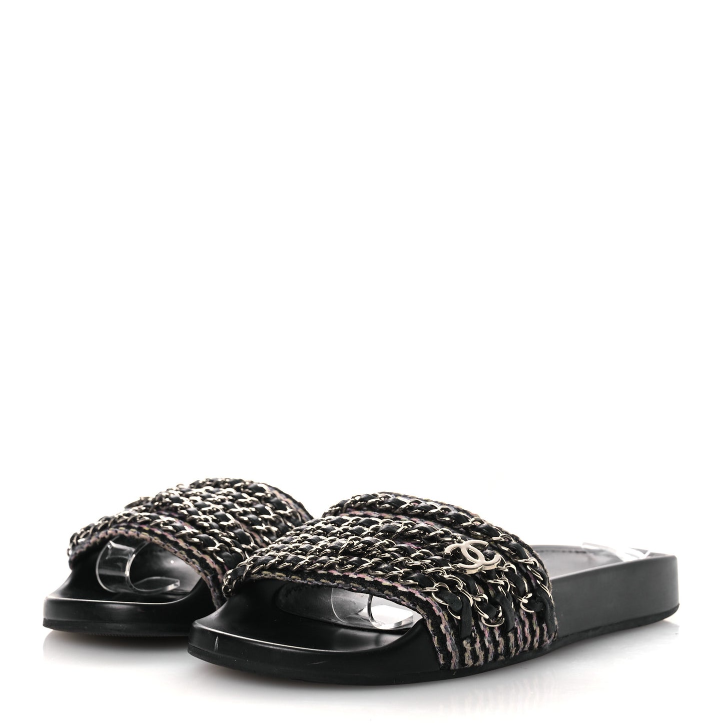 Tweed Lambskin Chain Flat Sandals 36 Black Multicolor