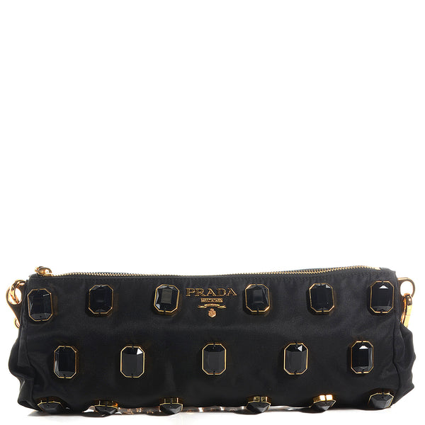 Prada Tessuto Nylon Pietre Jeweled Shoulder Bag Nero Black 83397