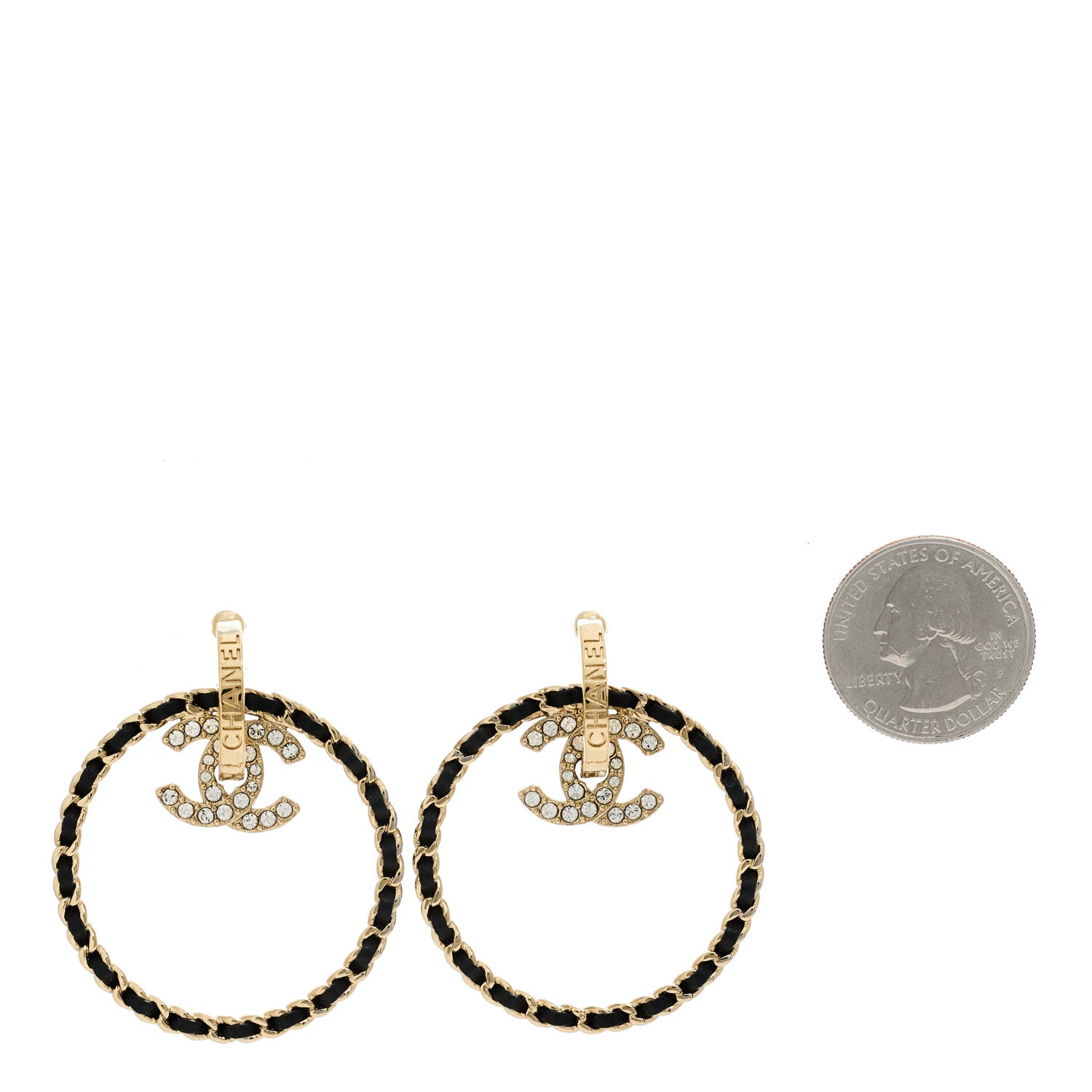 Chanel Metal Crystal Lambskin CC Chain Hoop Earrings Gold Black 2 of 5