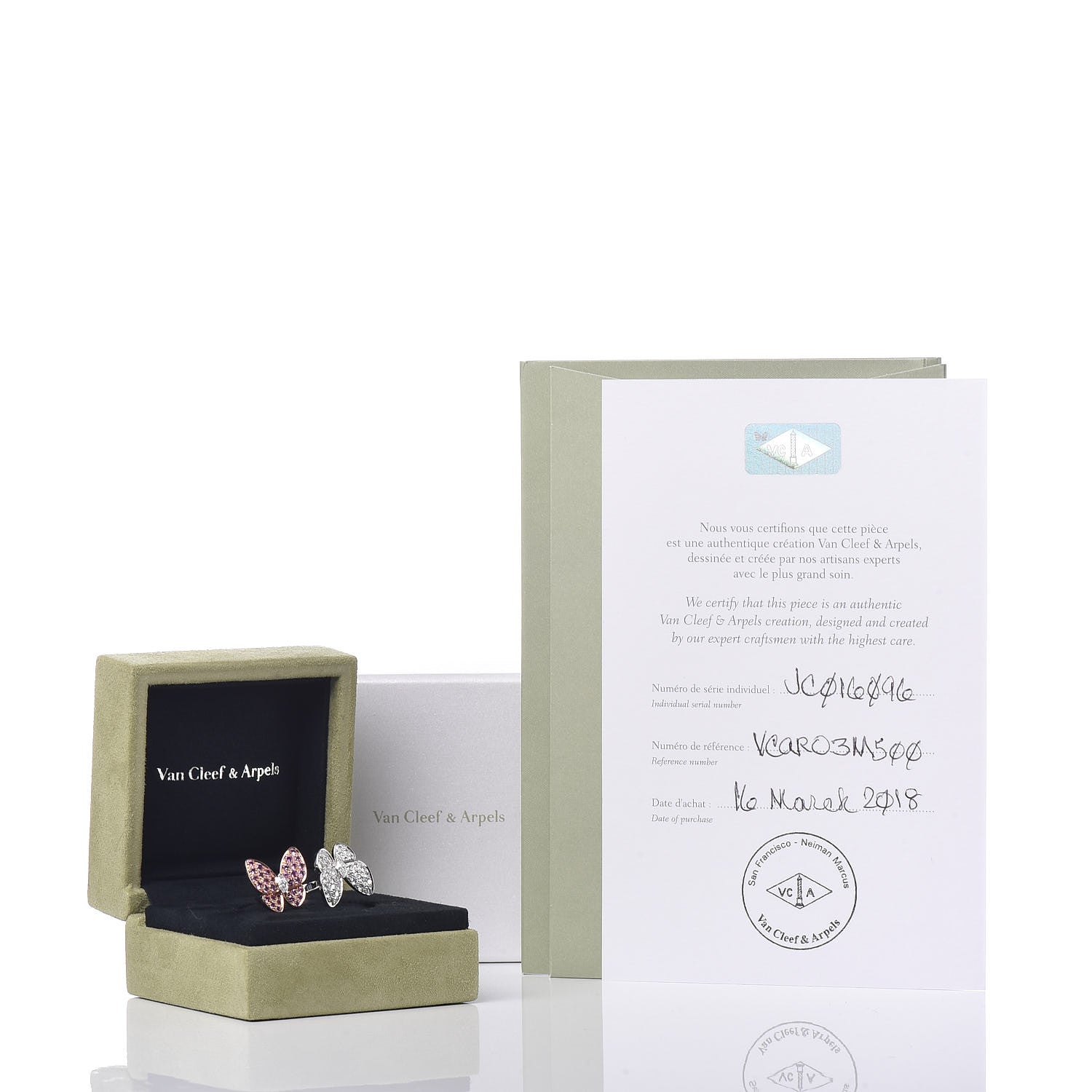 Van Cleef & Arpels 18K White Rose Gold Diamond Pink Sapphire Two Butterfly Between The Finger Ring 52 6 7 of 7