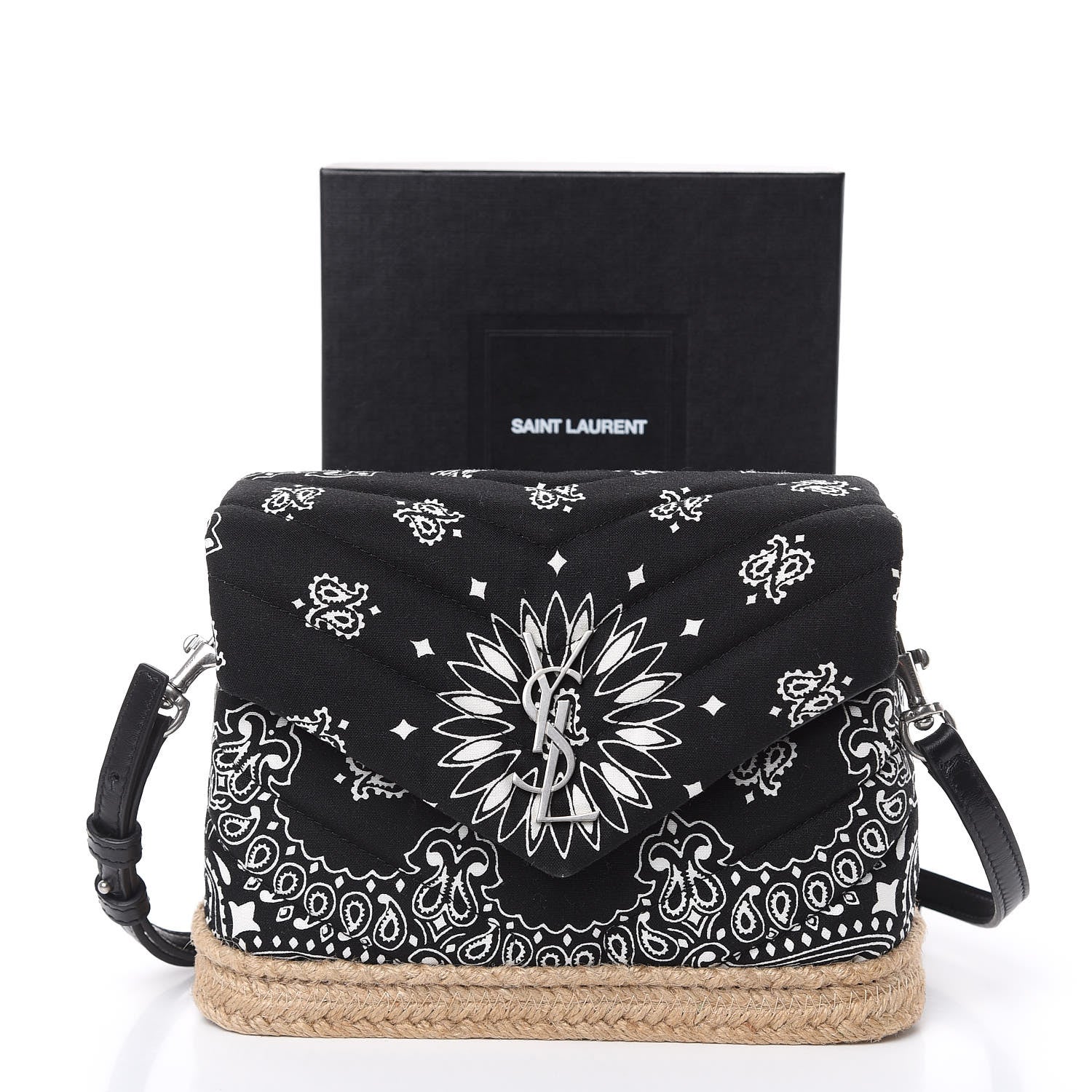 Saint Laurent Cotton Bandana Y Quilted Monogram Toy Loulou Crossbody Bag Black White 11 of 11