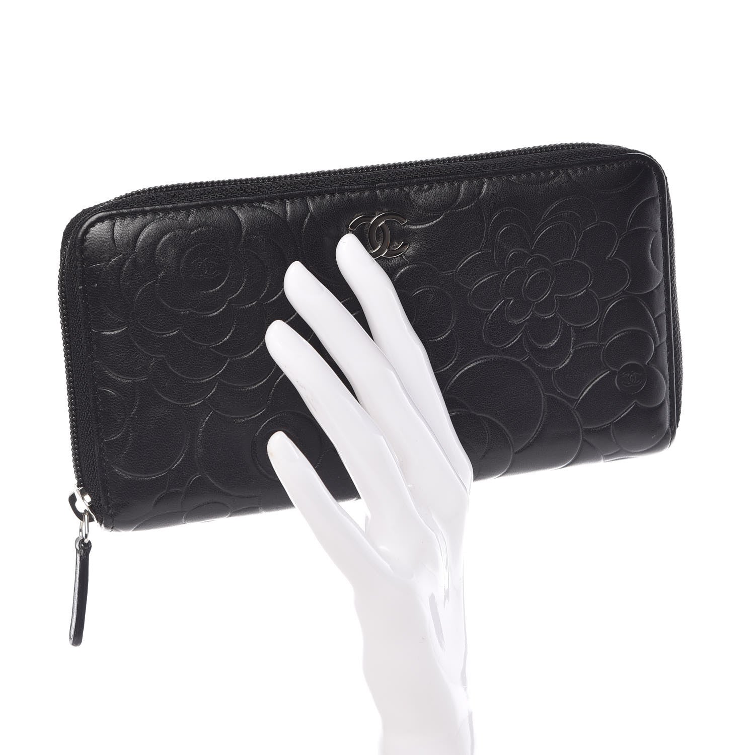 Chanel Lambskin Camellia Embossed Large Zip Around Gusset Wallet Black 2 of 9