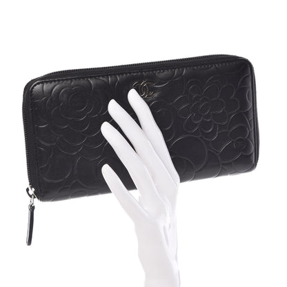 Chanel Lambskin Camellia Embossed Large Zip Around Gusset Wallet Black 2 of 9
