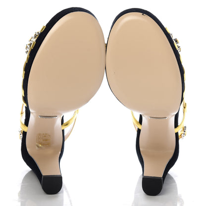 Gucci Velvet Nappa Crystal Zephyra Slingback Platform High Heel Sandals 38.5 Black Gold 5 of 8