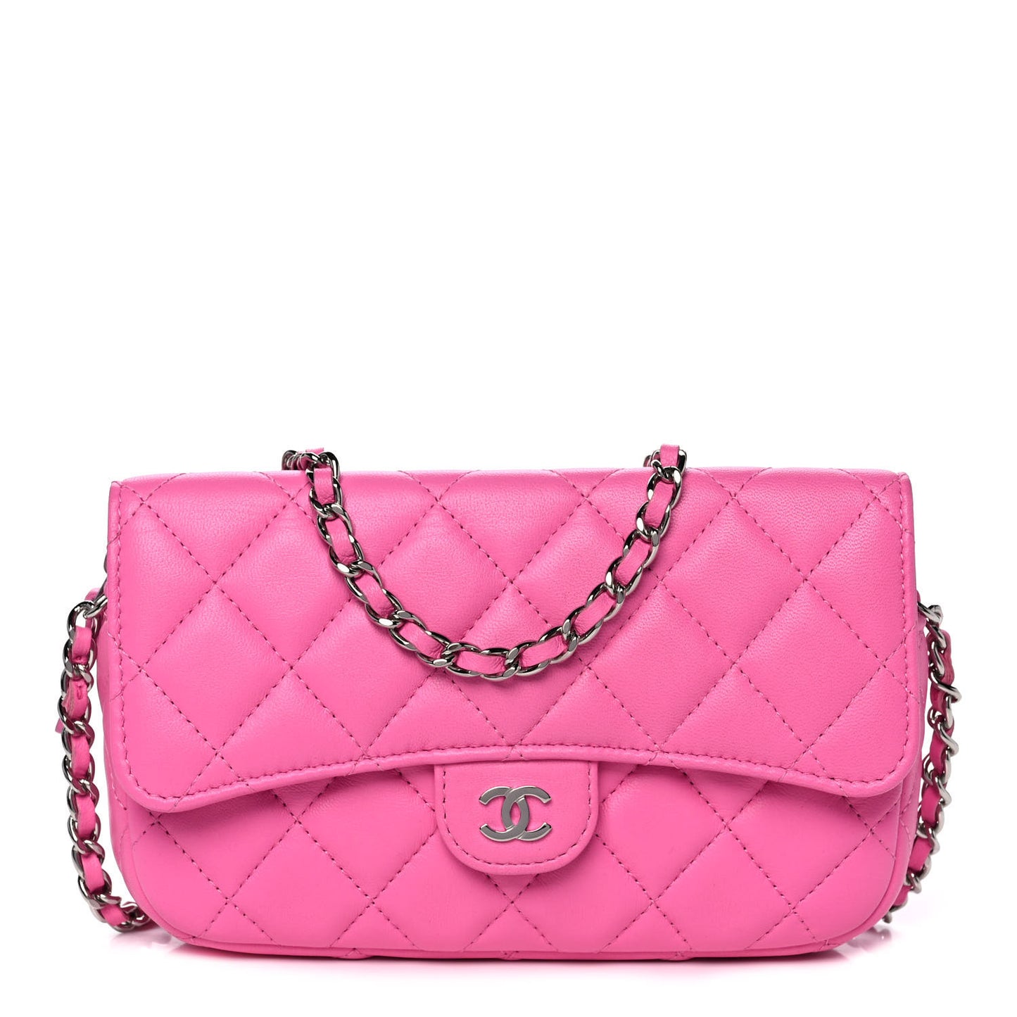 Lambskin Quilted Flap Phone Holder With Chain Neon Pink