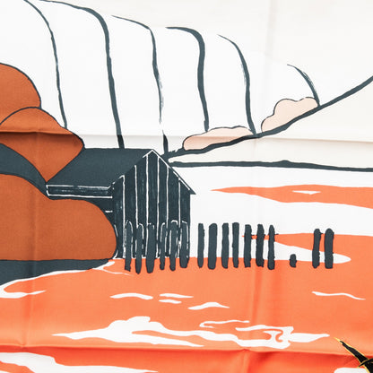Hermes Silk Au Bout Du Monde Scarf 90 Beige Orange Petrole 1 of 8