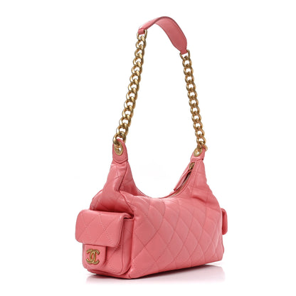 Chanel Shiny Lambskin Quilted Trendy Pockets Hobo Coral Pink 3 of 10
