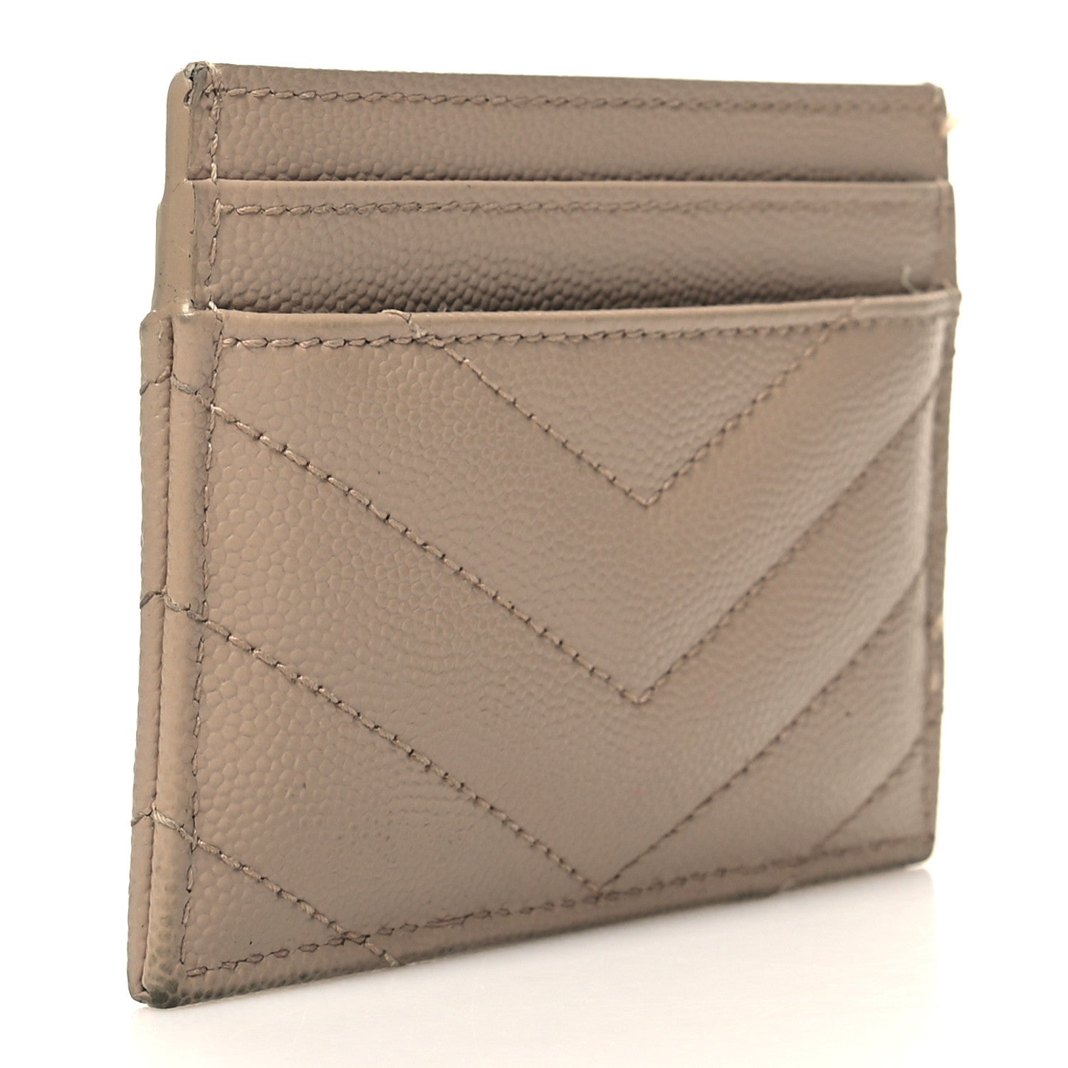 Saint Laurent Grain De Poudre Matelasse Chevron Monogram Credit Card Case Dark Beige 3 of 10