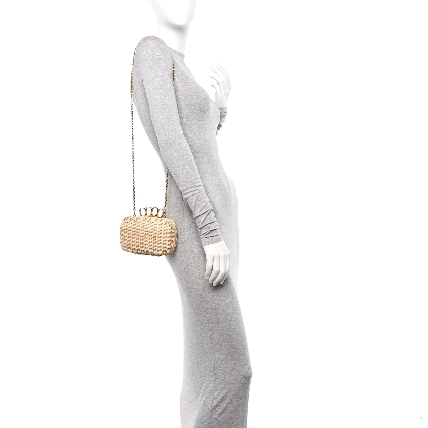 Alexander McQueen Woven Straw Four Ring Chain Knuckle Clutch Natural 2 of 9