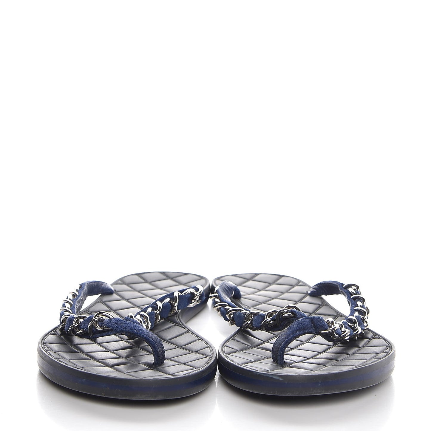 Suede Calfskin Quilted Chain Thong Sandals 38 Navy Blue
