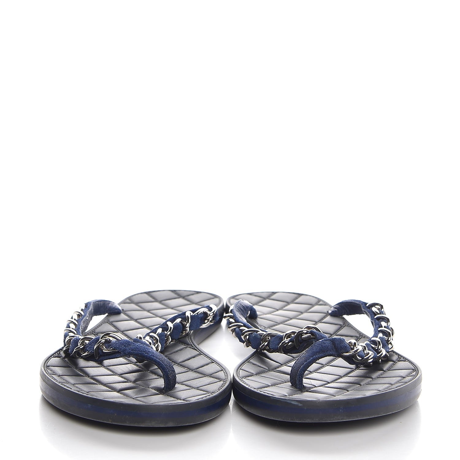 Chanel Suede Calfskin Quilted Chain Thong Sandals 38 Navy Blue 2 of 9