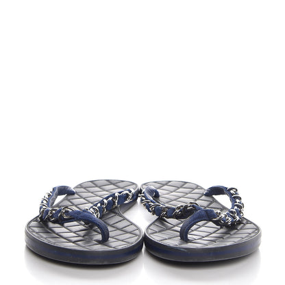 Chanel Suede Calfskin Quilted Chain Thong Sandals 38 Navy Blue 2 of 9