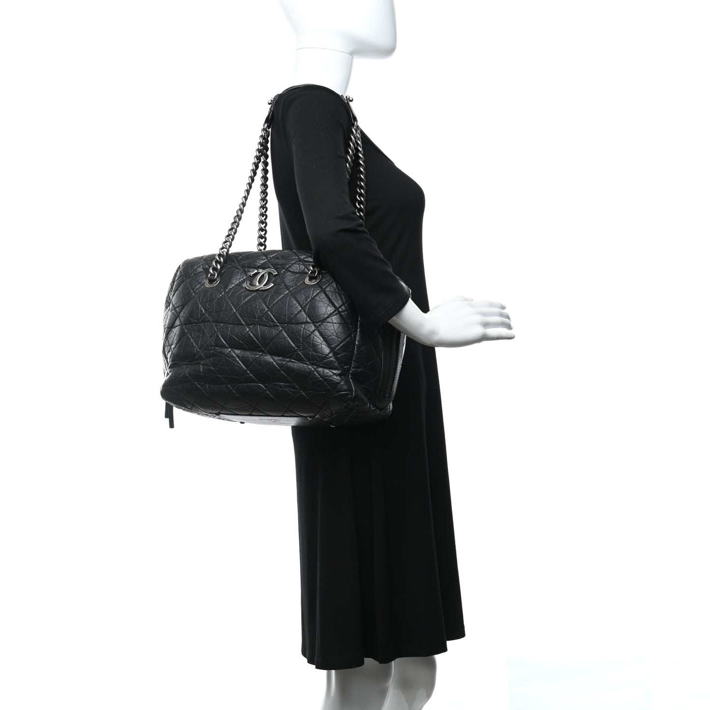 Aged Calfskin Quilted Large Secret Tag Bowling Bag Black