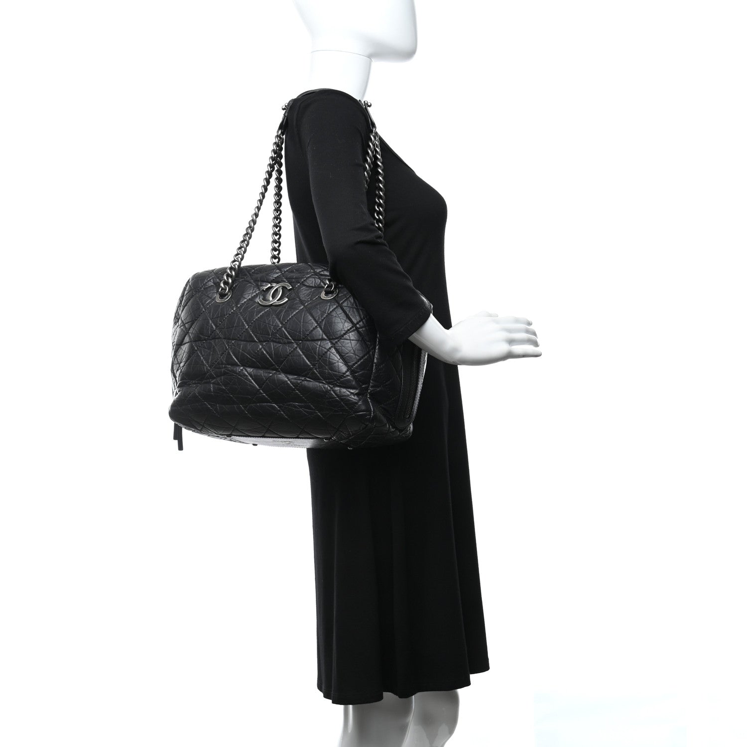 Chanel Aged Calfskin Quilted Large Secret Tag Bowling Bag Black 2 of 12