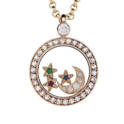 Chopard 18K Yellow Gold Diamond Emerald Ruby Sapphire Happy Diamonds Stars Moon Pendant Necklace 6 of 7